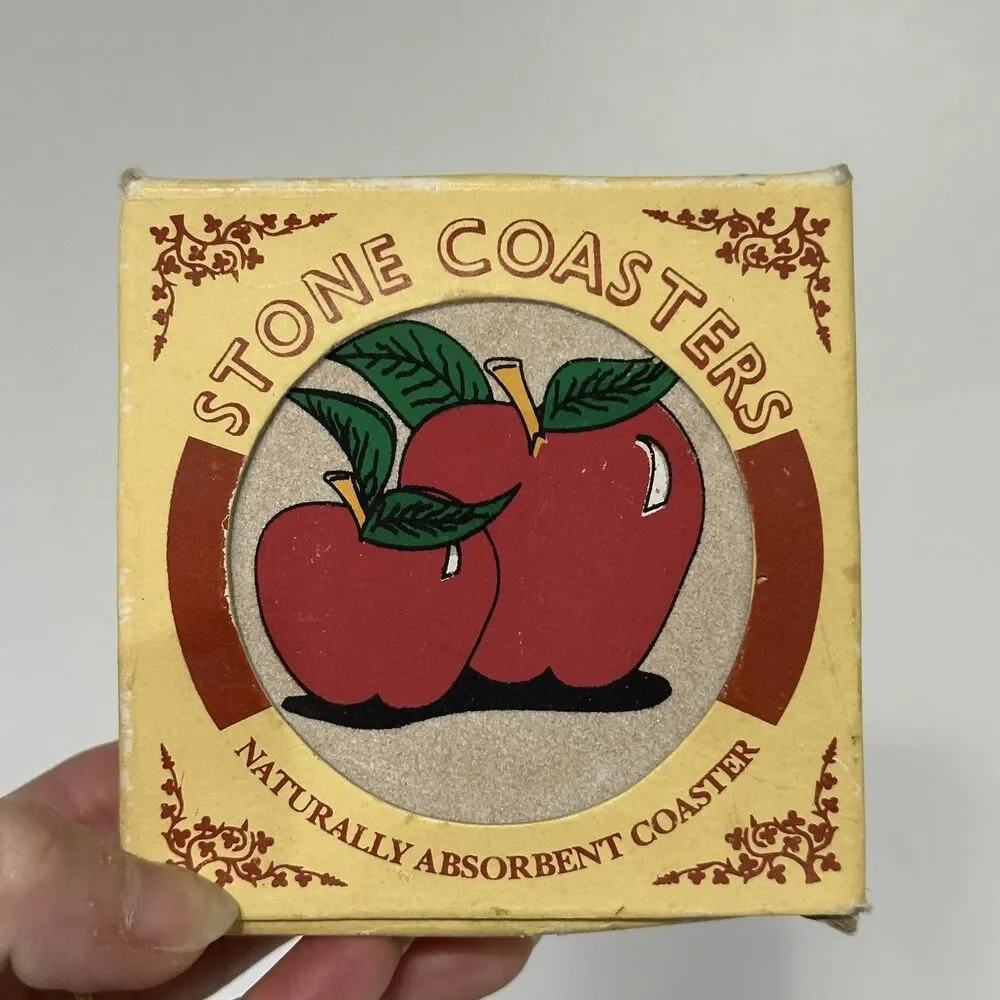 Set of 4 Vintage Round Stone Naturally Absorbent Coasters Apple Design Cottage